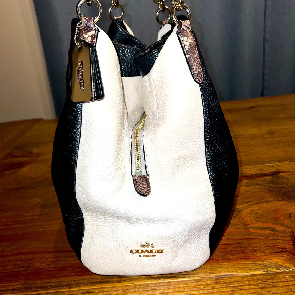 Coach Phoebe Snakeskin trim leather Black White Shoulder Bag